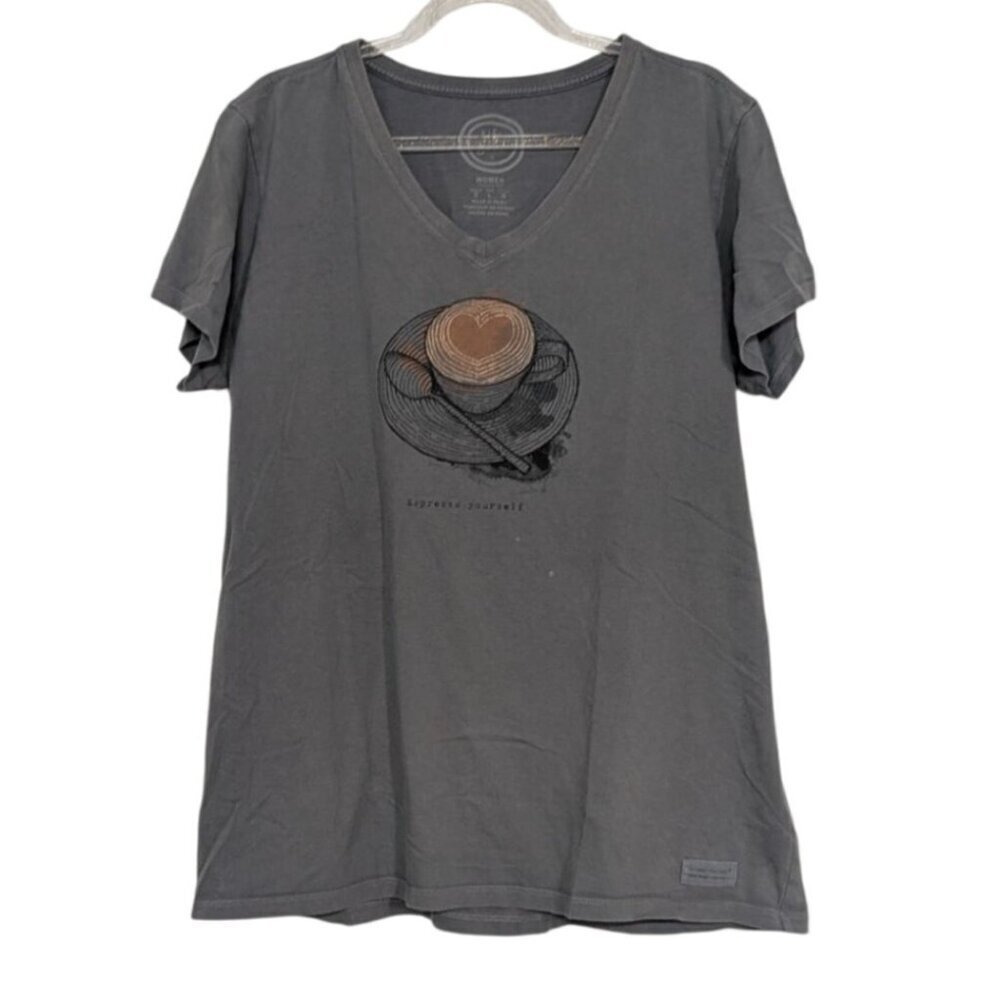 Life is Good Espresso Yourself Tee Shirt Womens Size Large Gray Classic Fit
